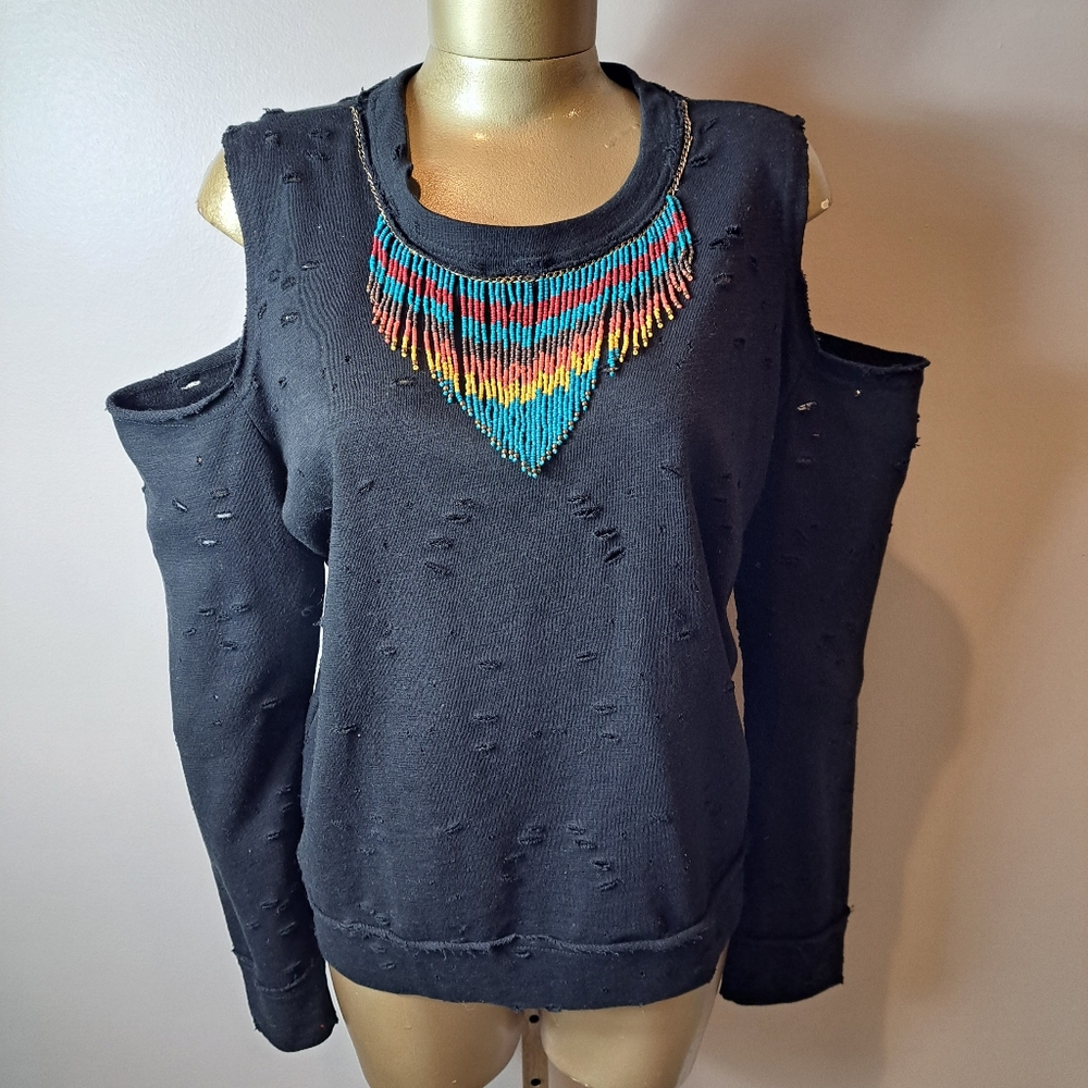 Hot & Delicious Distressed Cold Shoulder Upcycled Beaded Sweatshirt